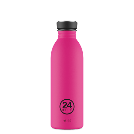 24Bottles Urban drikkeflaske 500 ml Passion Pink i rustfritt stål, sett fra siden med logo og tekst
