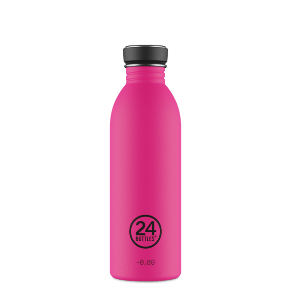 24Bottles Urban drikkeflaske 500 ml Passion Pink i rustfritt stål, sett fra siden med logo og tekst Suztain.no