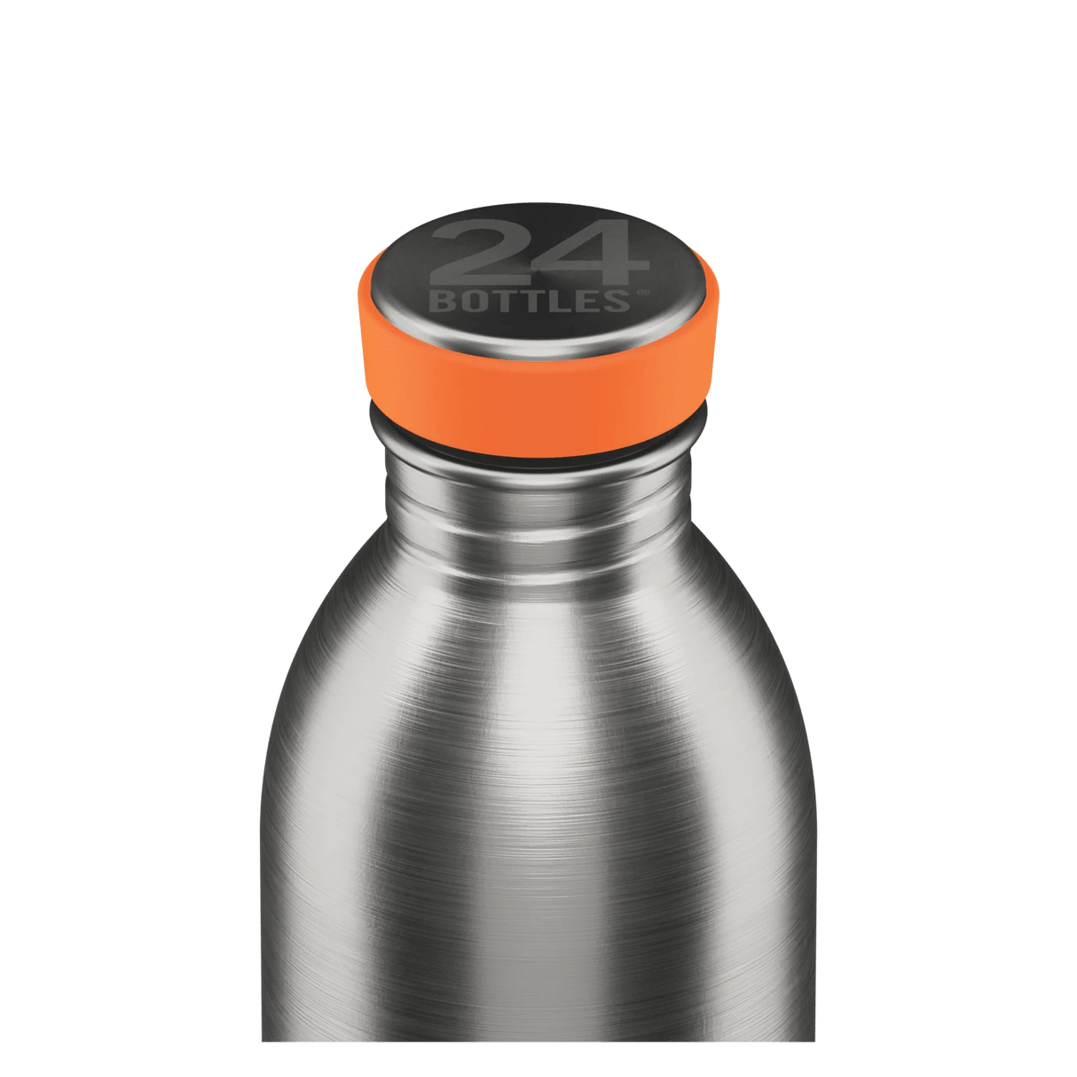 24Bottles Urban Drikkeflaske 500 ml Steel i rustfritt stål, nærbilde av flaskehals og kork med oransje ring