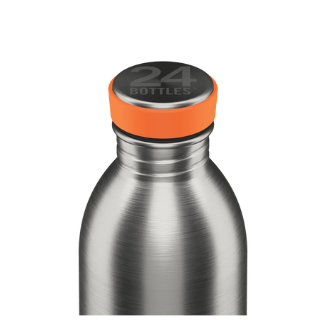24Bottles Urban Drikkeflaske 500 ml Steel i rustfritt stål, nærbilde av flaskehals og kork med oransje ring