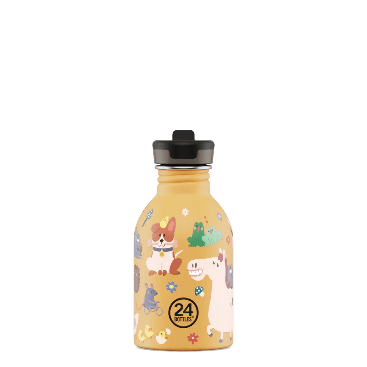 24Bottles drikkeflaske for barn i rustfritt stål, 250 ml, oransje gårdsdyrmotiv med hest, hund og kyllinger