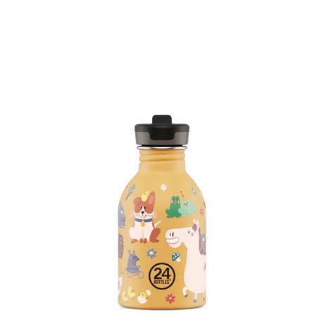 24Bottles drikkeflaske for barn i rustfritt stål, 250 ml, oransje gårdsdyrmotiv med hest, hund og kyllinger