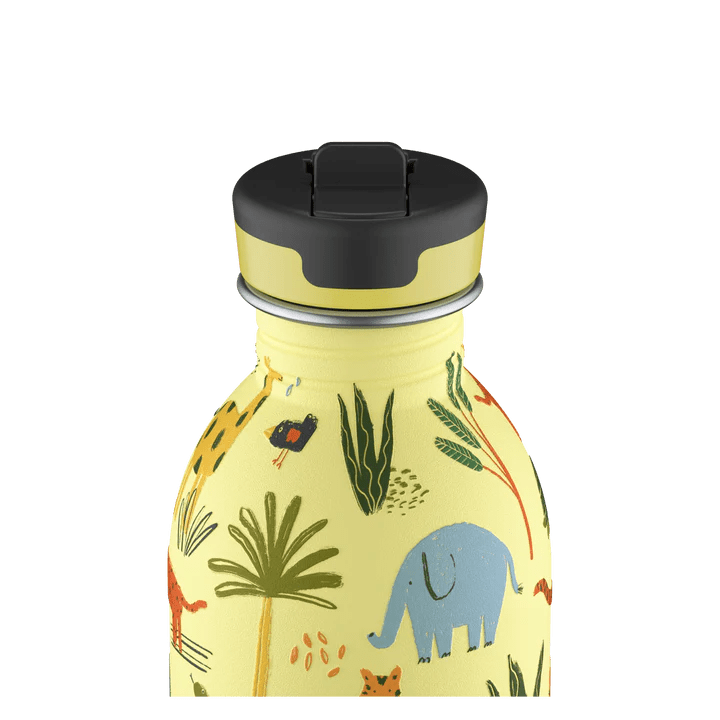 24Bottles Urban drikkeflaske barn 250 ml med jungeldyrmotiv i lysegul farge og svart lokk