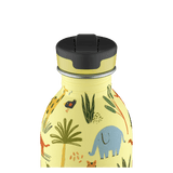 24Bottles Urban drikkeflaske barn 250 ml med jungeldyrmotiv i lysegul farge og svart lokk
