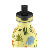 24Bottles Urban Drikkeflaske Barn 250 ml med Jungle Friends motiv i gult med dyr og planter, svart lokk