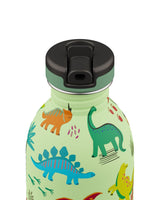 24Bottles Urban Drikkeflaske Barn 250 ml med dinosaurmotiv i grønn farge og svart lokk