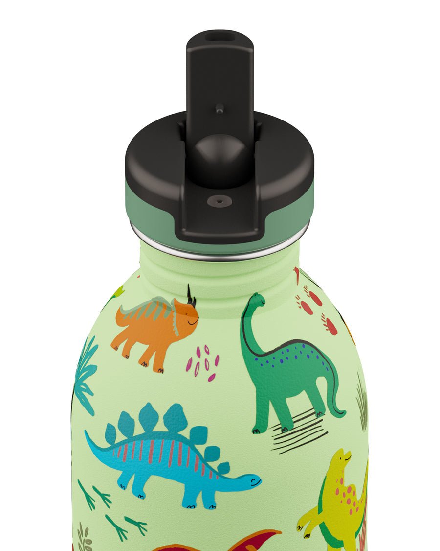 24Bottles Urban Drikkeflaske Barn 250 ml med dinosaurmotiver i grønt design for skolebruk