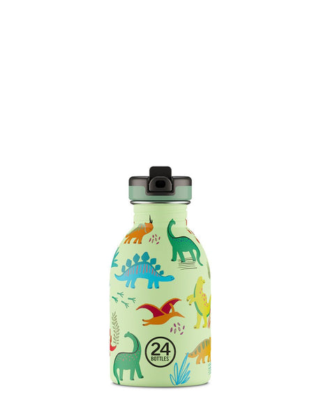 24Bottles Urban drikkeflaske barn 250 ml Jurassic Friends i rustfritt stål, sett forfra med hvit bakgrunn
