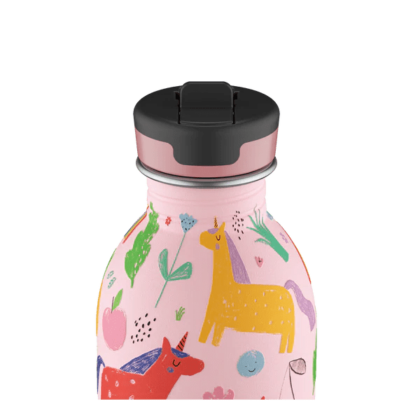 24Bottles Urban Drikkeflaske Barn 250 ml med fargerikt enhjørningsmotiv på rosa bakgrunn