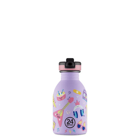 24Bottles Urban Drikkeflaske Barn 250 ml Music Friends i rustfritt stål, sett forfra med lukket kork