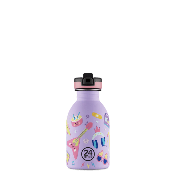 24Bottles Urban Drikkeflaske Barn 250 ml Music Friends i rustfritt stål, sett forfra med lukket kork Suztain.no