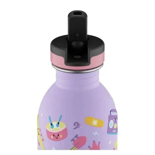 24Bottles Urban Drikkeflaske Barn 250 ml Music Friends i rustfritt stål, nærbilde av flaskehals og mønster