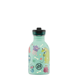 24Bottles drikkeflaske for barn i rustfritt stål, 250 ml, mintgrønt monstermotiv med dinosaur og småmonstre