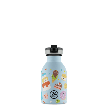 24Bottles Urban Drikkeflaske Barn 250 ml Sweet Friends i rustfritt stål med svart tut, sett fra skrått ovenfra
