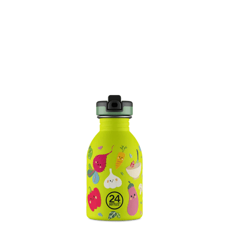 24Bottles Urban Drikkeflaske Barn 250 ml Veggie Friends i rustfritt stål, sett fra siden med lokk