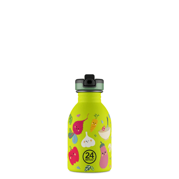 24Bottles Urban Drikkeflaske Barn 250 ml Veggie Friends i rustfritt stål, sett fra siden med lokk Suztain.no