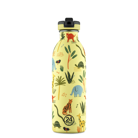 24Bottles Urban Drikkeflaske Barn 500 ml - Jungle Friends med drikketut, sett forfra på hvit bakgrunn