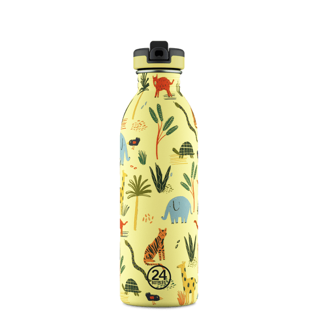 24Bottles Urban Drikkeflaske Barn 500 ml - Jungle Friends med drikketut, sett forfra på hvit bakgrunn Suztain.no