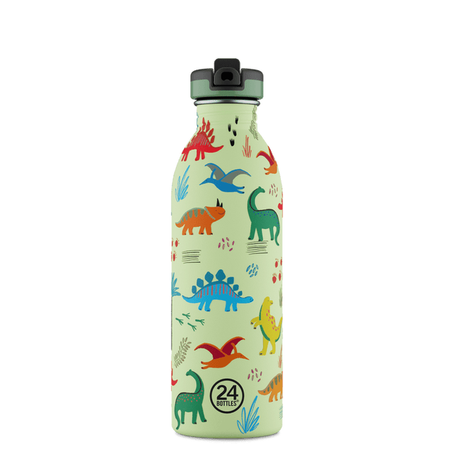 24Bottles Urban Drikkeflaske Barn 500 ml - Jurassic Friends med drikketut, lett og praktisk, sett forfra Suztain.no