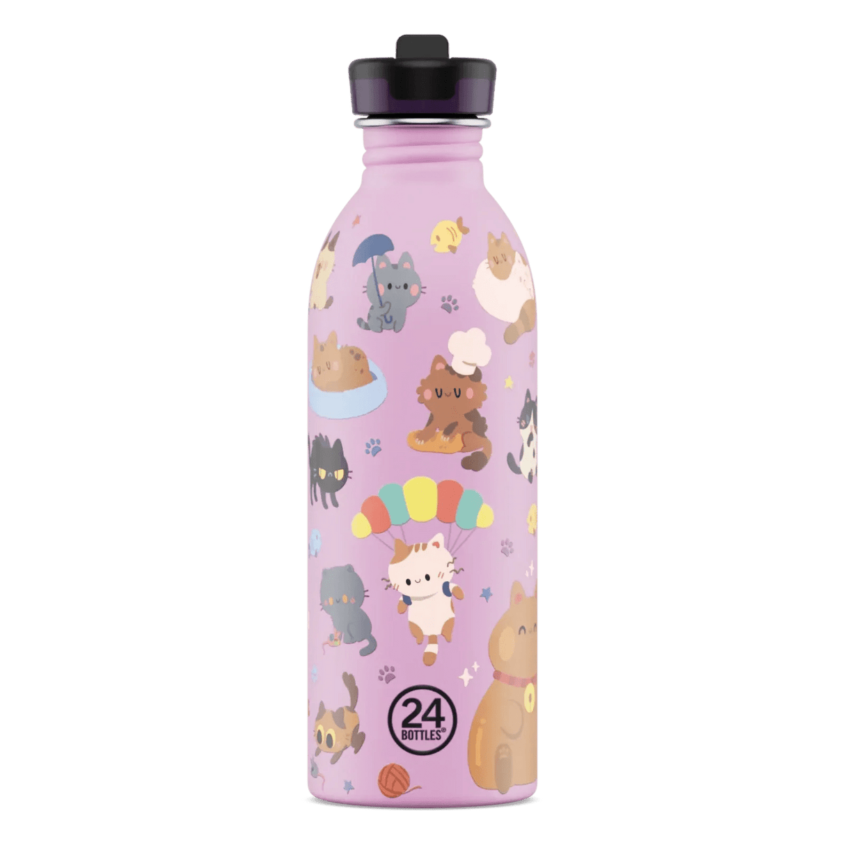 24Bottles drikkeflaske for barn i rustfritt stål, 500 ml, rosa kattemotiv med katter, paraply og poteavtrykk