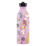 24Bottles drikkeflaske for barn i rustfritt stål, 500 ml, rosa kattemotiv med katter, paraply og poteavtrykk
