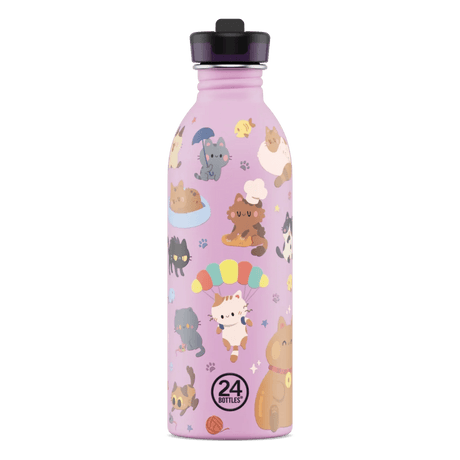 24Bottles drikkeflaske for barn i rustfritt stål, 500 ml, rosa kattemotiv med katter, paraply og poteavtrykk