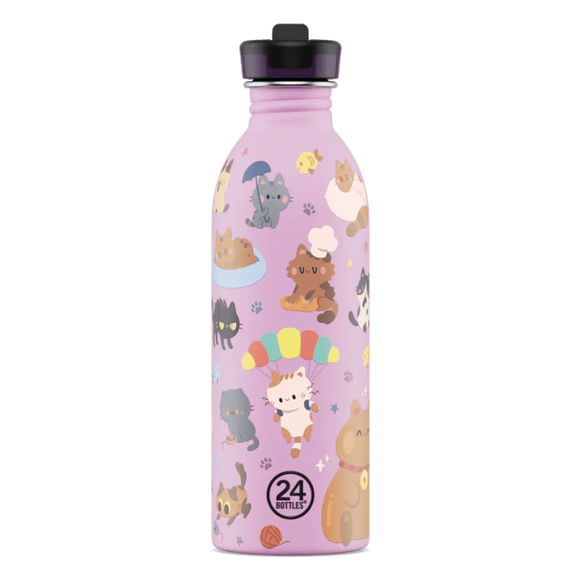 24Bottles drikkeflaske for barn i rustfritt stål, 500 ml, rosa kattemotiv med katter, paraply og poteavtrykk Suztain.no