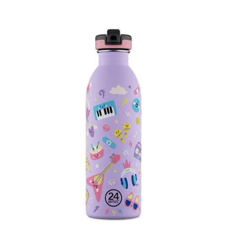 24Bottles Urban Drikkeflaske Barn 500 ml Music Friends i rustfritt stål, sett forfra med drikketut