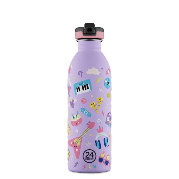 24Bottles Urban Drikkeflaske Barn 500 ml Music Friends i rustfritt stål, sett forfra med drikketut Suztain.no