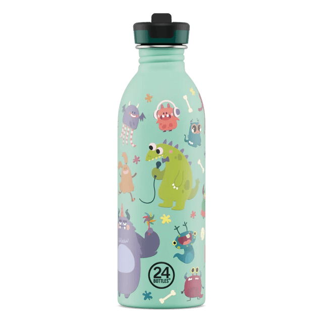 24Bottles drikkeflaske for barn i rustfritt stål, 500 ml, mintgrønt monstermotiv med dinosaur, spøkelse og monstre Suztain.no