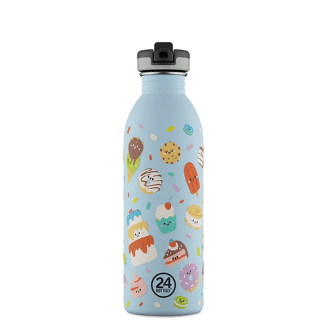 24Bottles Urban Drikkeflaske Barn 500 ml Sweet Friends lyseblå i rustfritt stål, sett forfra med lokket lukket