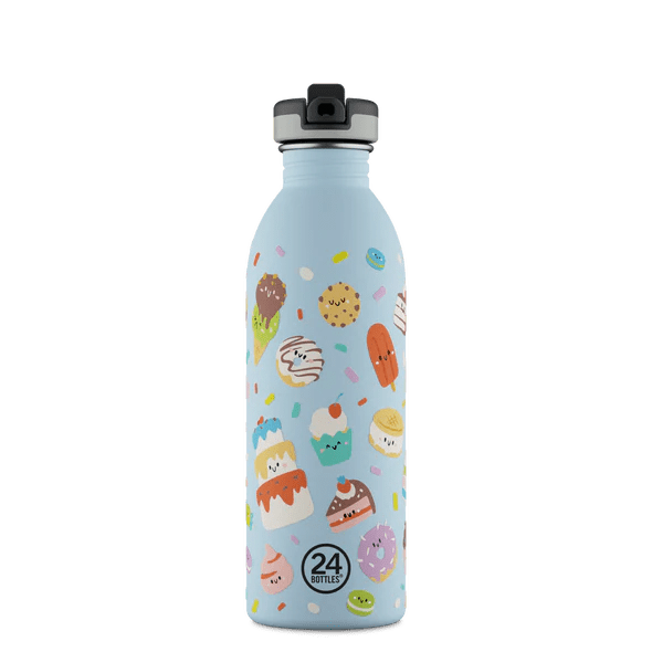 24Bottles Urban Drikkeflaske Barn 500 ml Sweet Friends lyseblå i rustfritt stål, sett forfra med lokket lukket Suztain.no