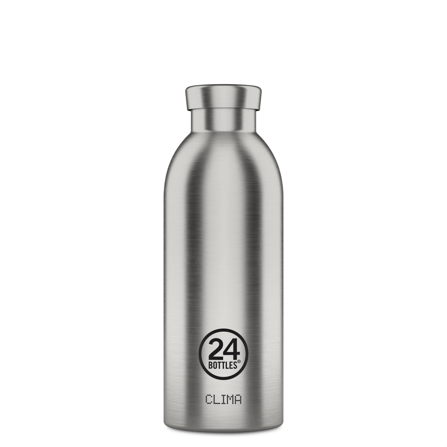 24Bottles Clima Drikkeflaske 500 ml - Brushed Steel sett forfra på hvit bakgrunn