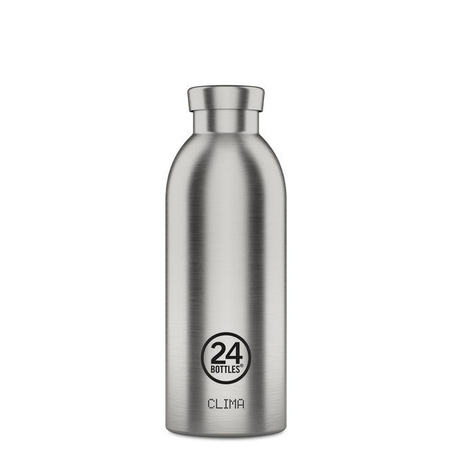 24Bottles Clima Drikkeflaske 500 ml - Brushed Steel sett forfra på hvit bakgrunn Suztain.no