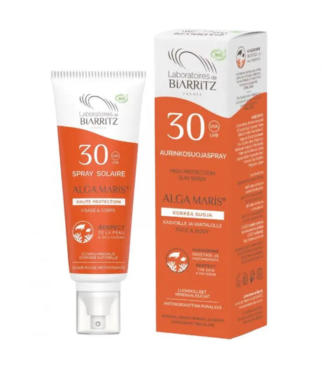 Alga Maris Økologisk Solkrem Spray SPF 30 (100 ml) i oransje eske. Marinvennlig, naturlig og mikroplastfri solbeskyttelse for ansikt og kropp.