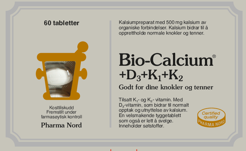 Pharma Nord Bio-Calcium+D3+K1+K2, forside av lysegrå eske med 60 tabletter