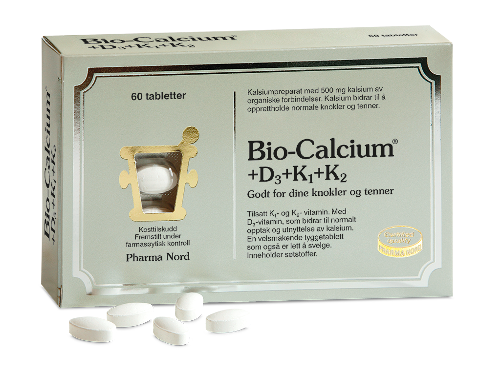 Pharma Nord Bio-Calcium+D3+K1+K2, eske med 60 tabletter og hvite tabletter foran