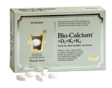 Pharma Nord Bio-Calcium+D3+K1+K2, eske med 60 tabletter og hvite tabletter foran