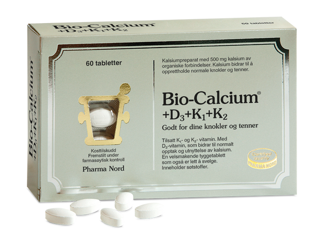 Pharma Nord Bio-Calcium+D3+K1+K2, eske med 60 tabletter og hvite tabletter foran Suztain.no