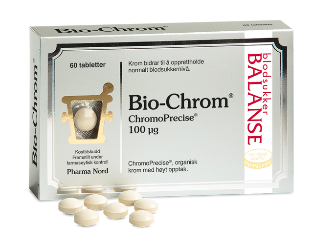 Pharma Nord Bio-Chrom ChromoPrecise 100 µg, eske med 60 tabletter og hvite tabletter foran Suztain.no