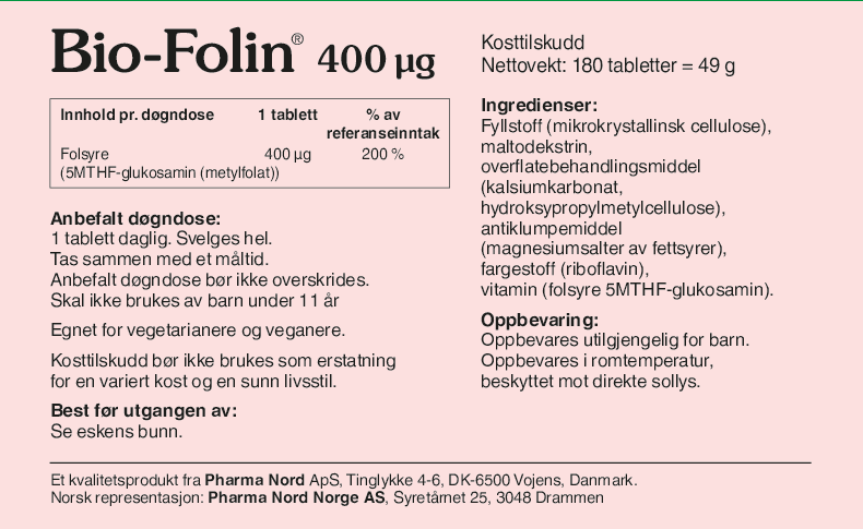 Pharma Nord Bio-Folin 400 µg, bakside av esken med 180 tabletter og innholdsfortegnelse