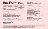 Pharma Nord Bio-Folin 400 µg, bakside av esken med 180 tabletter og innholdsfortegnelse