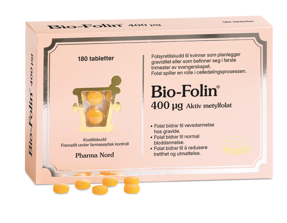 Pharma Nord Bio-Folin 400 µg, eske med 180 tabletter og gule tabletter foran