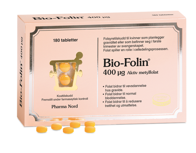 Pharma Nord Bio-Folin 400 µg, eske med 180 tabletter og gule tabletter foran Suztain.no