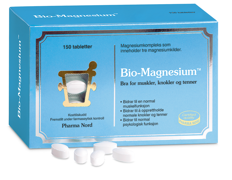 Pharma Nord Bio-Magnesium, eske med 150 tabletter og hvite tabletter foran