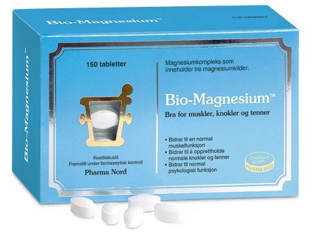 Pharma Nord Bio-Magnesium, eske med 150 tabletter og hvite tabletter foran