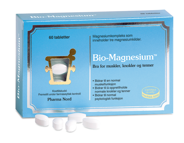 Pharma Nord Bio-Magnesium, eske med 60 tabletter og hvite tabletter foran Suztain.no