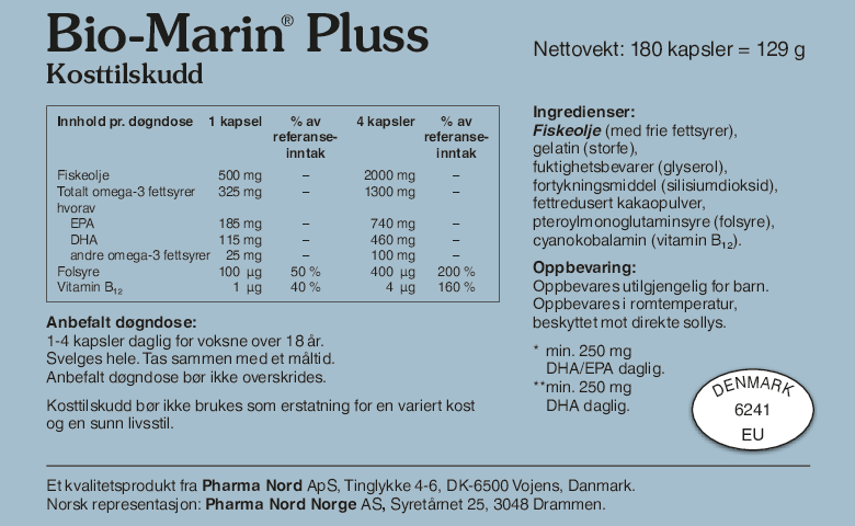 Pharma Nord Bio-Marin Pluss, bakside av esken med 180 kapsler og innholdsfortegnelse