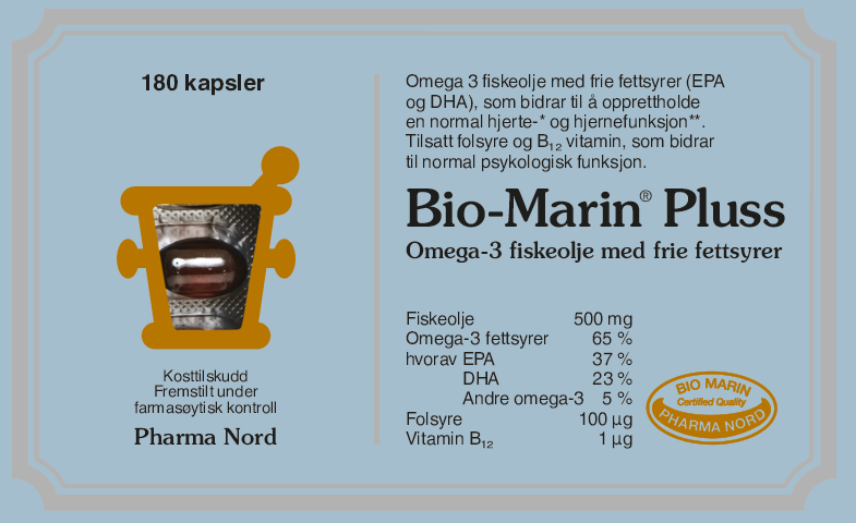 Pharma Nord Bio-Marin Pluss, forside av hvit eske med 180 kapsler