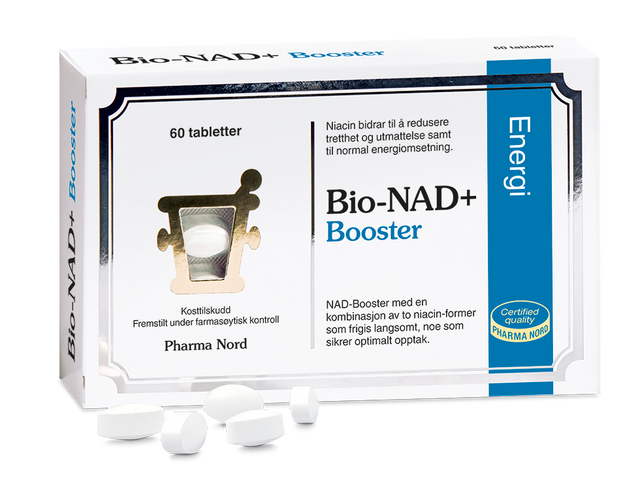 Pharma Nord Bio-NAD+ Booster, eske med 60 tabletter og hvite tabletter foran Suztain.no